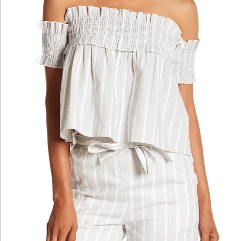 English Factory Smocked Off The Shoulder Striped Babydoll Top Gray White M